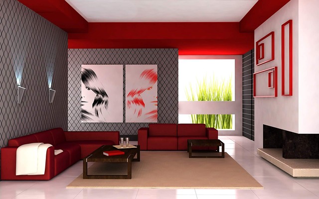 červenošedý interiér, obývák
